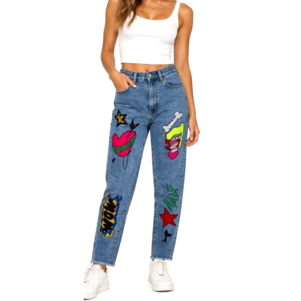 Lizette Collection Y2K Graphic Patchwork Jeans Denim Pants Medium M. 27 in Waist